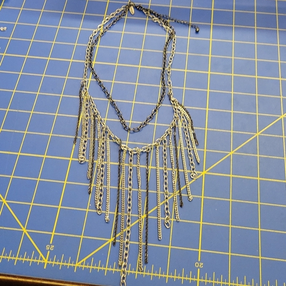 Black & Silver 2 Strands 16" & 18" Chain Fringe Necklace